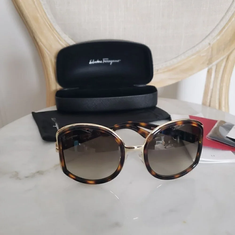 NIB Salvatore Ferragamo Oversize Tortoise Brown Side Cut Out 52mm Sunglasses